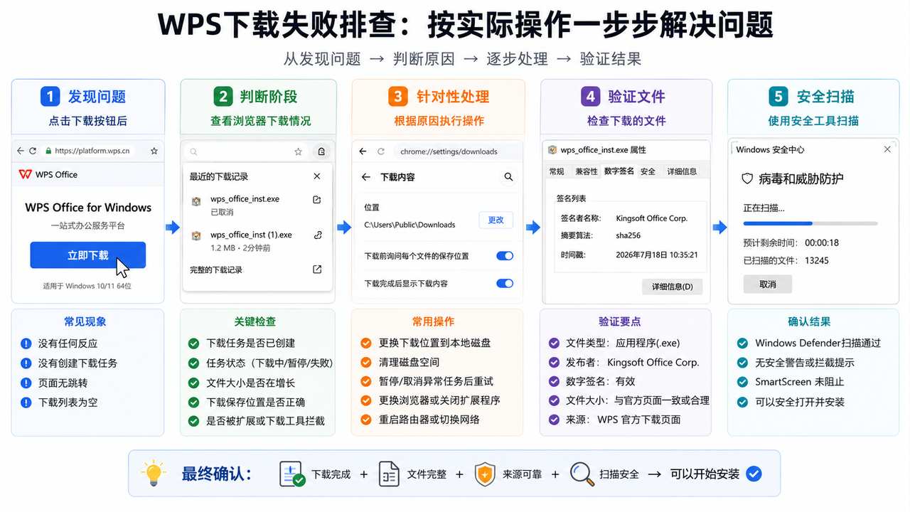 WPS下载失败快速判断图，按未开始、进度中断、文件异常、安全警告和企业策略限制分流