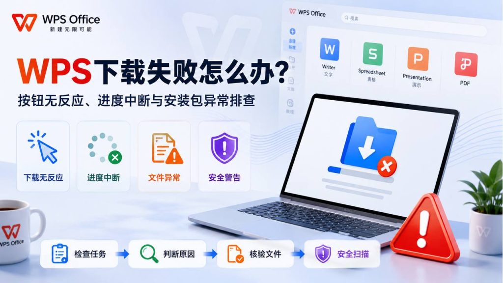 WPS下载失败排查主题图，展示下载中断、文件异常和安全核验流程