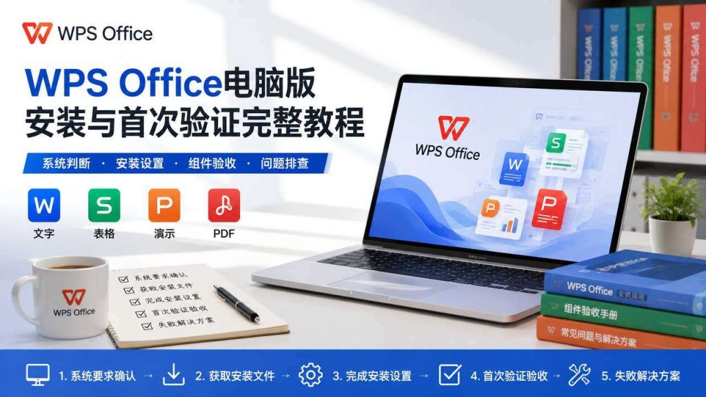 WPS Office电脑版安装与首次验证教程主题图，展示WPS办公组件与安装流程
