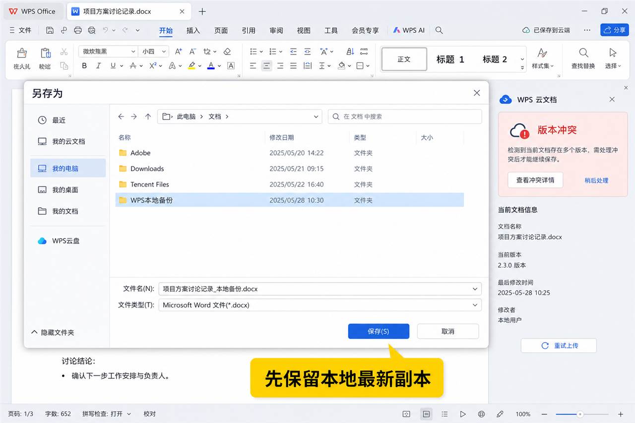 WPS云文档版本冲突前另存本地最新副本