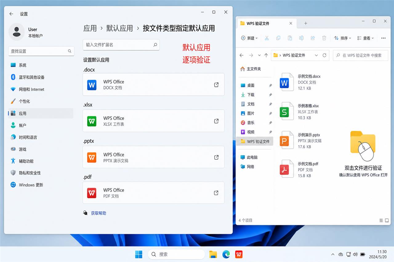 按DOCX、XLSX、PPTX和PDF逐项设置WPS默认应用