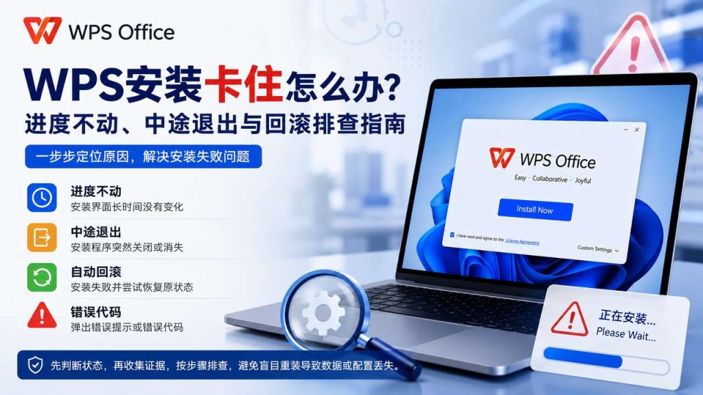 WPS安装进度卡住、中途退出与自动回滚排查主题图