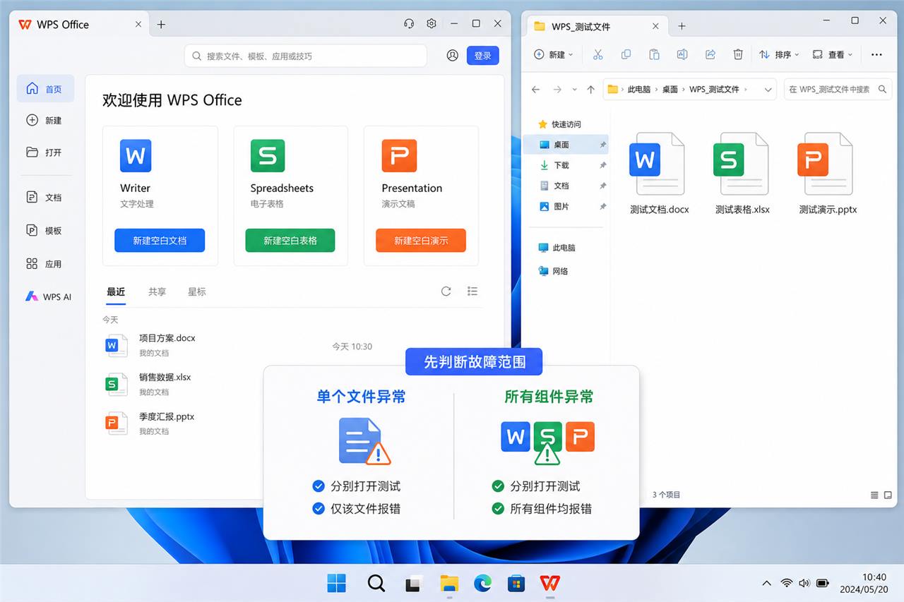 WPS更新后分别打开文字、表格和演示判断故障范围