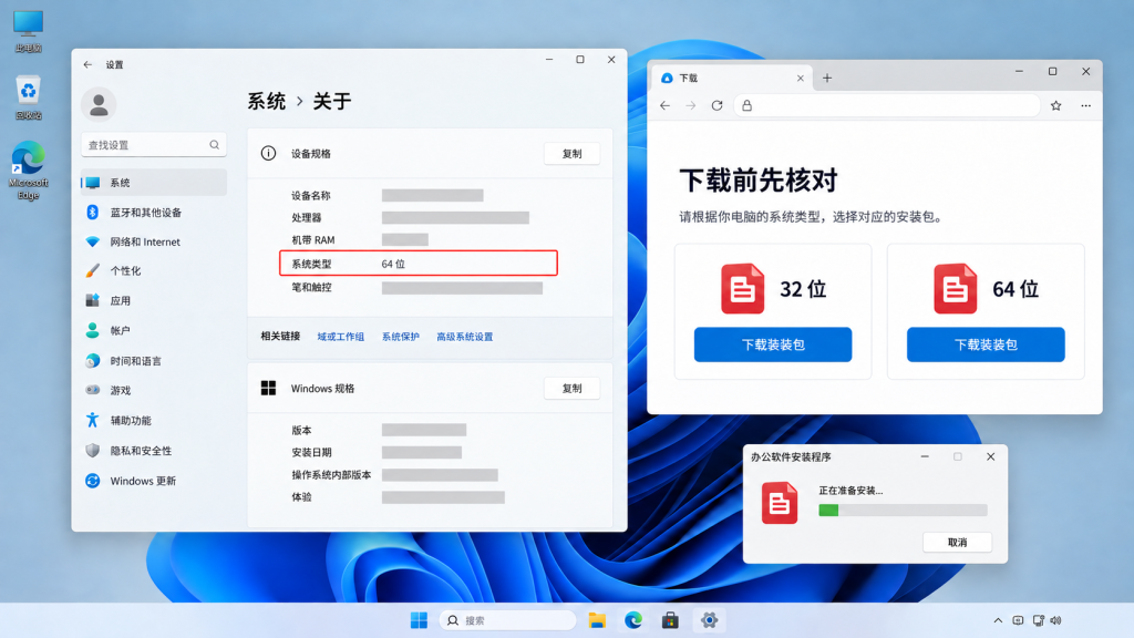 WPS 32位和64位下载前核对 Windows 系统类型的桌面场景