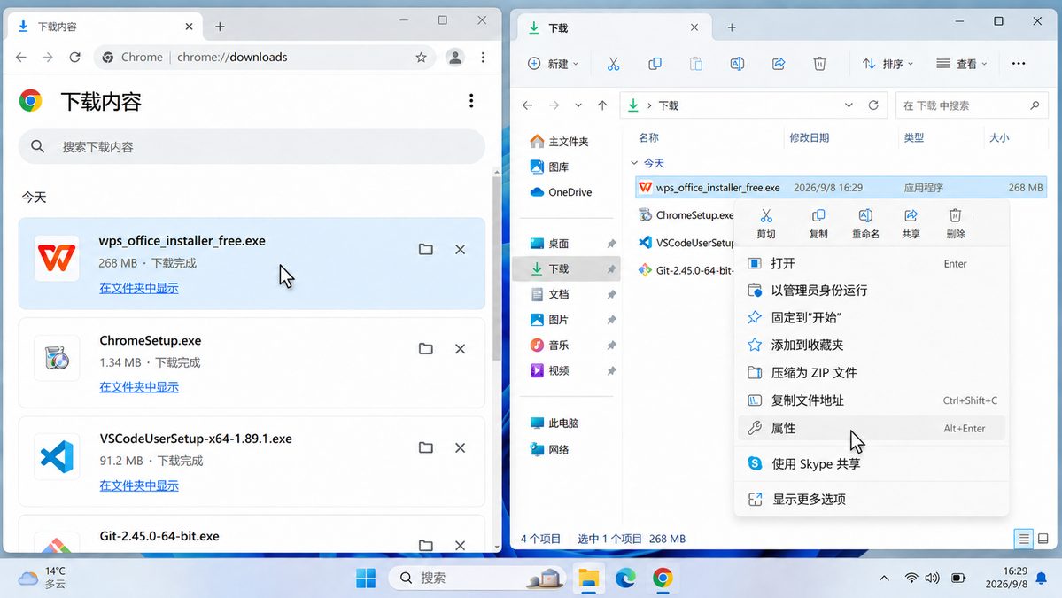 WPS最新版安装包下载与文件核验 WPS最新版安装包下载完成后在浏览器和Windows下载文件夹中核对文件