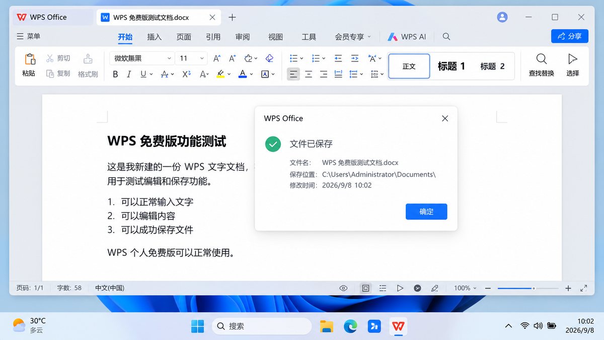 WPS免费版 Writer编辑保存验证 WPS免费版 Writer新建编辑并保存文档功能验证