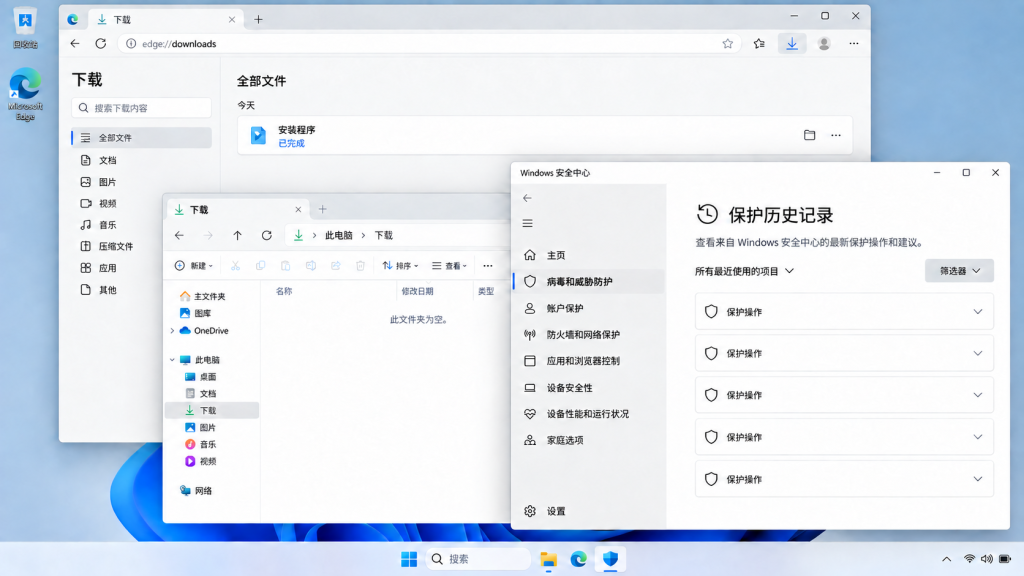 WPS下载完成后安装包不见时检查浏览器记录、下载文件夹和 Windows 安全中心保护历史记录