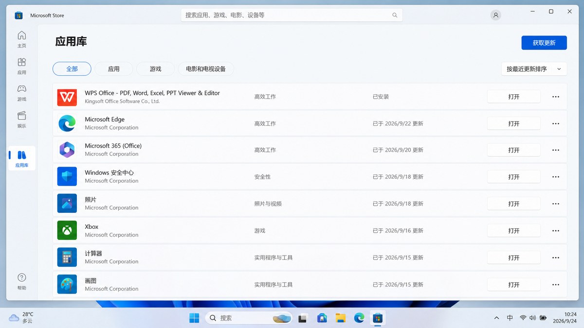 Microsoft Store应用库更新WPS Office Microsoft Store应用库检查WPS Office安装状态和应用更新