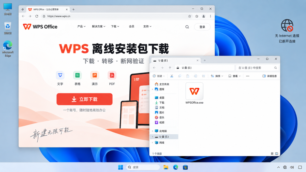 WPS 离线安装包下载、U盘转移与断网验证全屏示意图