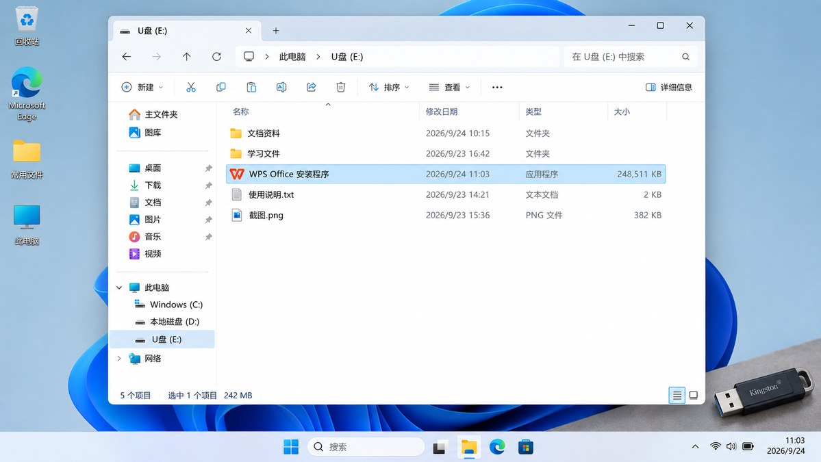 在Windows 11资源管理器中将WPS离线安装包复制到U盘