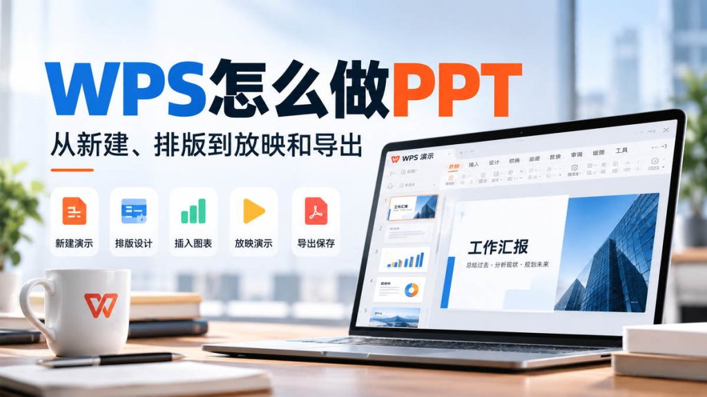 WPS怎么做PPT教程封面，展示新建演示、编辑排版、插入图片图表、放映演示和保存导出的完整流程