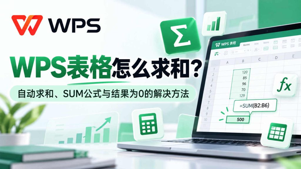 WPS表格怎么求和教程封面，展示自动求和、SUM公式计算与求和结果为0的解决方法
