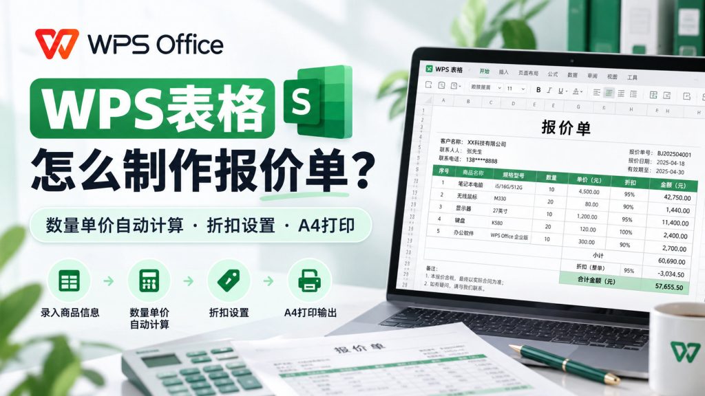 WPS表格制作报价单教程封面，展示数量单价自动计算、折扣设置与A4打印的办公场景