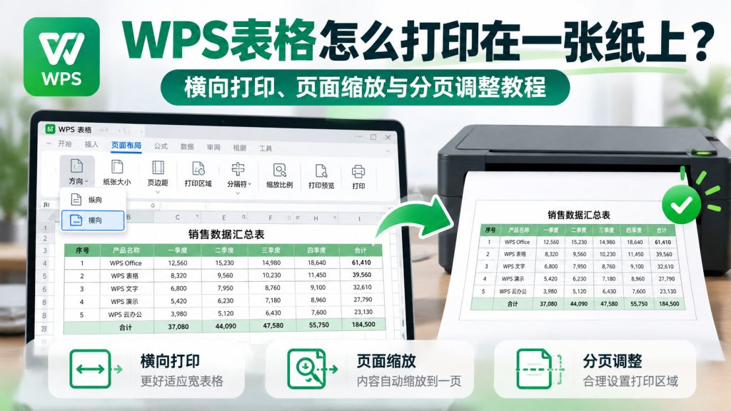 WPS表格打印在一张纸上教程封面，展示横向打印、页面缩放、分页调整及打印预览