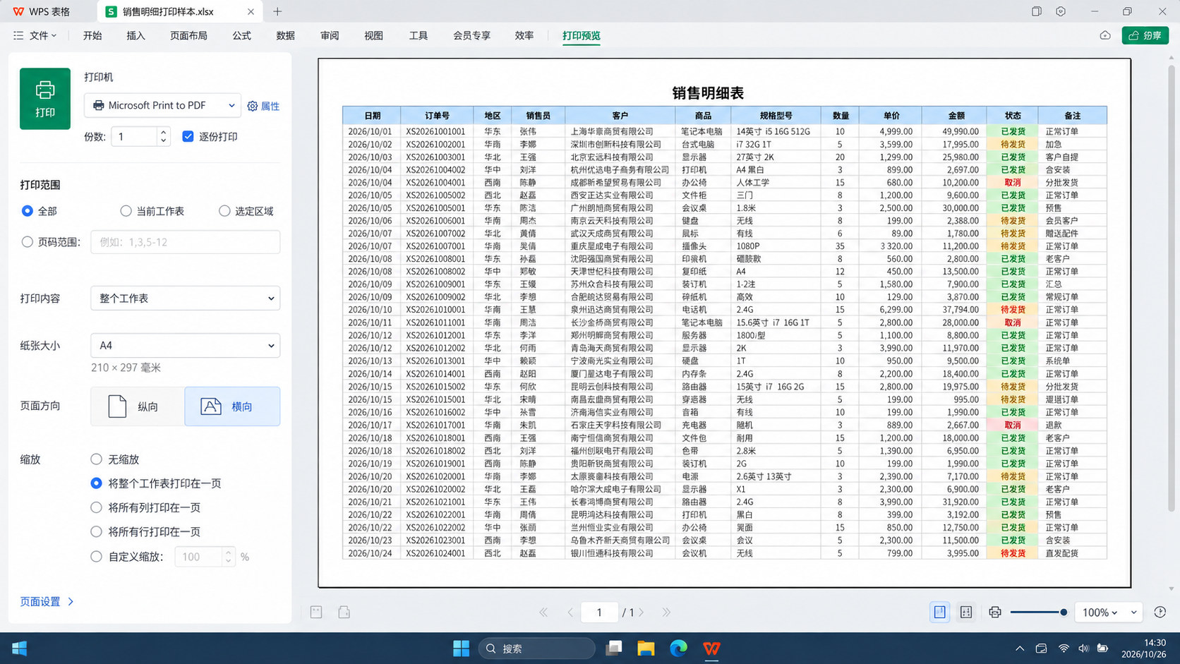 WPS表格A4横向打印预览界面,显示销售明细表及将整个工作表打印在一页的缩放选项
