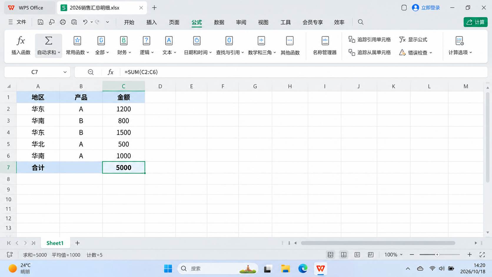 WPS表格SUM求和界面示意,在C7单元格使用SUM(C2:C6)公式计算五笔销售金额,合计结果为5000